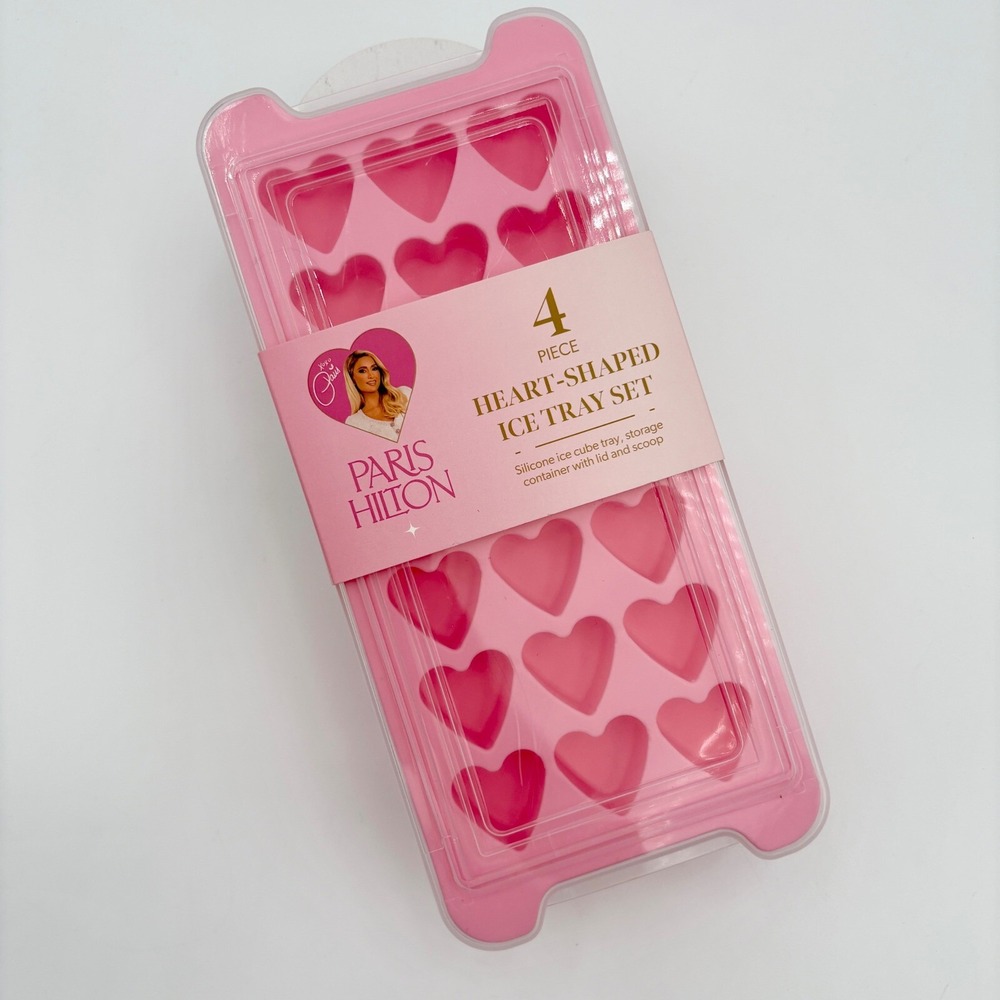Paris‎ Hilton Heart Ice Cube Tray Set 4 Piece Silicone Lid & Scoop Pink